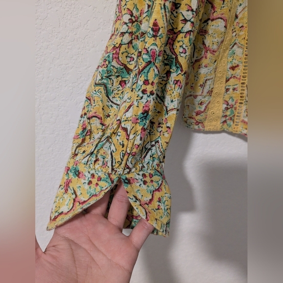 Anthropologie Yellow Printed Embroidered Puff Sleeve V-Neck Button-Up Blouse - Picture 10 of 12